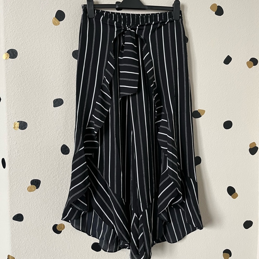 Aqua Womens Striped Tie Waist Ruffled Wide Leg Pants